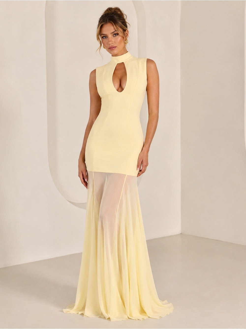 House of CB Butter Yellow Keyhole Sheer Maxi Dress Gown Size Large DL4 - Picture 2 of 14